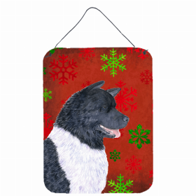 Akita Red and Green Snowflakes Holiday Christmas Design Wall or Door Hanging Prints