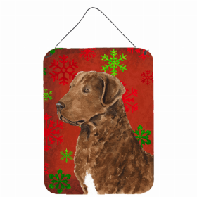 Chesapeake Bay Retriever Red and Green Snowflakes Holiday Christmas Design Wall or Door Hanging Prints