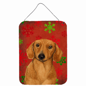 Dachshund Red and Green Snowflakes Holiday Christmas Design Wall or Door Hanging Prints