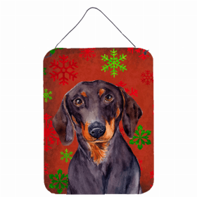 Dachshund #2 Red and Green Snowflakes Holiday Christmas Design Wall or Door Hanging Prints