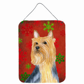 Silky Terrier Red and Green Snowflakes Holiday Christmas Design Wall or Door Hanging Prints