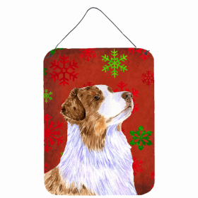 Australian Shepherd Red and Green Snowflakes Holiday Christmas Design Wall or Door Hanging Prints