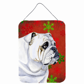 Bulldog Red and Green Snowflakes Holiday Christmas Design Wall or Door Hanging Prints