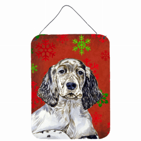 English Setter Red and Green Snowflakes Holiday Christmas Design Wall or Door Hanging Prints