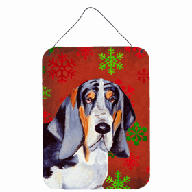 Basset Hound Red and Green Snowflakes Holiday Christmas Design Wall or Door Hanging Prints