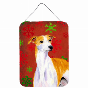 Whippet Red and Green Snowflakes Holiday Christmas Design Wall or Door Hanging Prints