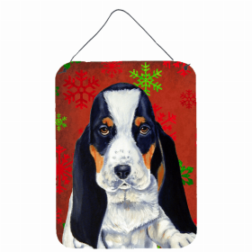 Basset Hound #2 Red and Green Snowflakes Holiday Christmas Design Wall or Door Hanging Prints