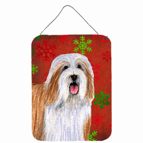 Bearded Collie Red and Green Snowflakes Holiday Christmas Design Wall or Door Hanging Prints