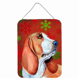 Basset Hound #3 Red and Green Snowflakes Holiday Christmas Design Wall or Door Hanging Prints