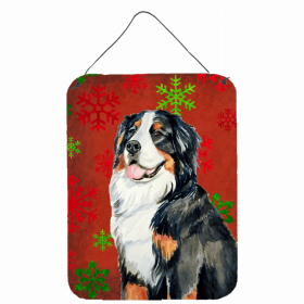 Bernese Mountain Dog Red and Green Snowflakes Holiday Christmas Design Wall or Door Hanging Prints