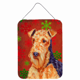 Airedale Terrier Red and Green Snowflakes Holiday Christmas Design Wall or Door Hanging Prints