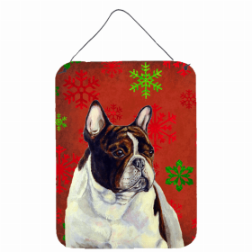 French Bulldog Red and Green Snowflakes Holiday Christmas Design Wall or Door Hanging Prints