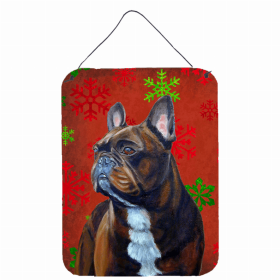 French Bulldog #2 Red and Green Snowflakes Holiday Christmas Design Wall or Door Hanging Prints