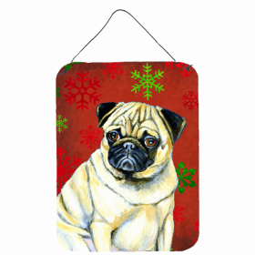 Pug Red and Green Snowflakes Holiday Christmas Design Wall or Door Hanging Prints