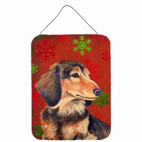 Dachshund #3 Red and Green Snowflakes Holiday Christmas Design Wall or Door Hanging Prints