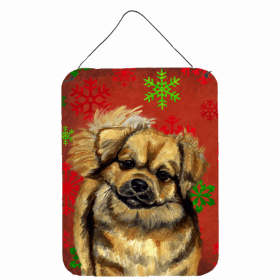 Tibetan Spaniel Red and Green Snowflakes Holiday Christmas Design Wall or Door Hanging Prints