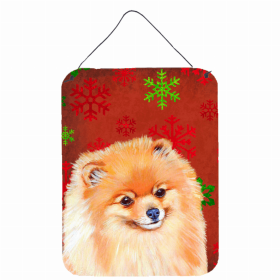 Pomeranian Red and Green Snowflakes Holiday Christmas Design Wall or Door Hanging Prints