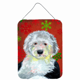 Old English Sheepdog Red and Green Snowflakes Holiday Christmas Design Wall or Door Hanging Prints