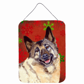 Norwegian Elkhound Red and Green Snowflakes Holiday Christmas Design Wall or Door Hanging Prints