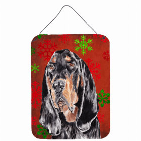 Black and Tan Coonhound Red and Green Snowflakes Holiday Christmas Design Wall or Door Hanging Prints