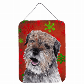 Border Terrier #2 Red and Green Snowflakes Holiday Christmas Design Wall or Door Hanging Prints