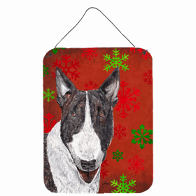 Bull Terrier Red and Green Snowflakes Holiday Christmas Design Wall or Door Hanging Prints