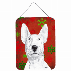 Bull Terrier #2 Red and Green Snowflakes Holiday Christmas Design Wall or Door Hanging Prints