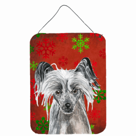 Chinese Crested #2 Red and Green Snowflakes Holiday Christmas Design Wall or Door Hanging Prints