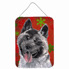 Akita 1 Red and Green Snowflakes Holiday Christmas Design Wall or Door Hanging Prints