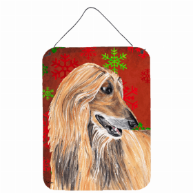 Afghan Hound Red and Green Snowflakes Holiday Christmas Design Wall or Door Hanging Prints