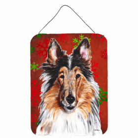 Collie Red and Green Snowflakes Holiday Christmas Design Wall or Door Hanging Prints