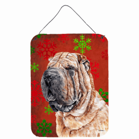 Shar Pei Red and Green Snowflakes Holiday Christmas Design Wall or Door Hanging Prints