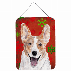 Corgi - Cardigan Red and Green Snowflakes Holiday Christmas Design Wall or Door Hanging Prints