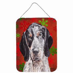 Bluetick Coonhound Red and Green Snowflakes Holiday Christmas Design Wall or Door Hanging Prints