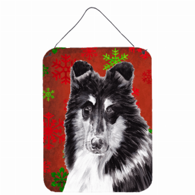 Collie #2 Red and Green Snowflakes Holiday Christmas Design Wall or Door Hanging Prints