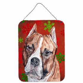 Staffordshire Bull Terrier Red and Green Snowflakes Holiday Christmas Design Wall or Door Hanging Prints