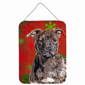 Staffordshire Bull Terrier #2 Red and Green Snowflakes Holiday Christmas Design Wall or Door Hanging Prints