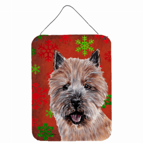 Norwich Terrier Red and Green Snowflakes Holiday Christmas Design Wall or Door Hanging Prints