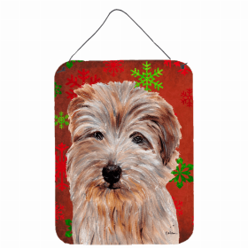 Norfolk Terrier #2 Red and Green Snowflakes Holiday Christmas Design Wall or Door Hanging Prints