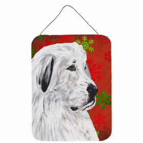 Great Pyrenees Red and Green Snowflakes Holiday Christmas Design Wall or Door Hanging Prints