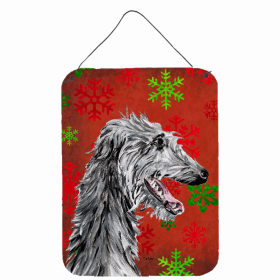 Scottish Deerhound #2 Red and Green Snowflakes Holiday Christmas Design Wall or Door Hanging Prints