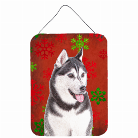 Alaskan Malamute Red and Green Snowflakes Holiday Christmas Design Wall or Door Hanging Prints