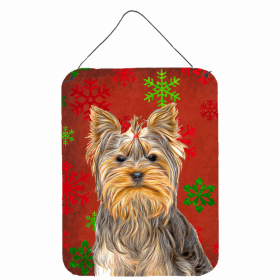 Yorkie Red and Green Snowflakes Holiday Christmas Design Wall or Door Hanging Prints