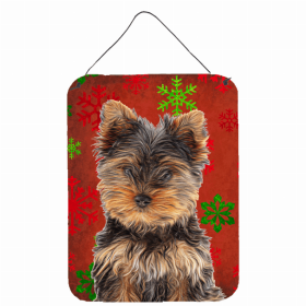 Yorkie #2 Red and Green Snowflakes Holiday Christmas Design Wall or Door Hanging Prints