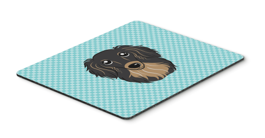 Dachshund - Longhair - Black and Tan - Blue Checkerboard Design Mouse Pad