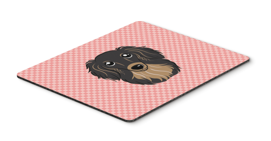 Dachshund - Longhair - Black and Tan - Pink Checkerboard Design Mouse Pad