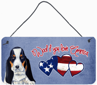 Basset Hound 2 Woof If You Love America Dog Artwork Wall or Door Hanging Prints