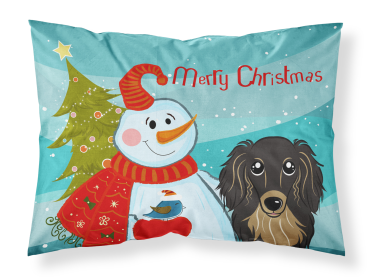 Dachshind - Longhair - Black and Tan - with Snowman Fabric Standard Pillowcase