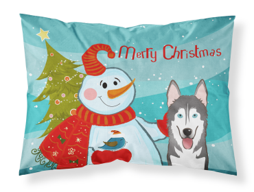 Alaskan Malamute with Snowman Fabric Standard Pillowcase