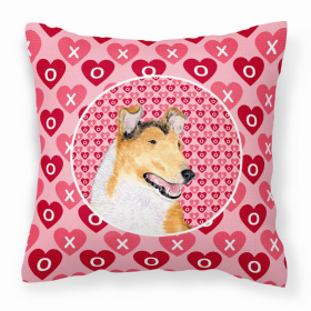 Collie #3 Hearts Love and Valentine's Day Dog Portrait Fabric Decorative Pillow